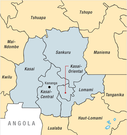  A map showing the location of Kananga and five states in Democratic Republic of Congo. CRISIS GROUP