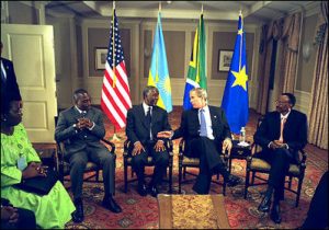 Kabila in 2002, with Thabo Mbeki, George W. Bush, and Paul Kagame. (Source: Wikimedia Commons)