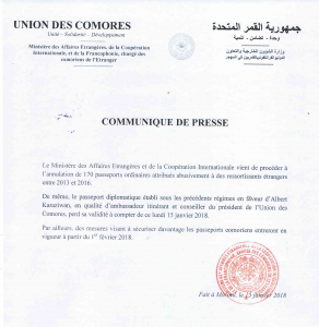 Communiqué de presse publié le 15 janvier par les autorités des Comores
