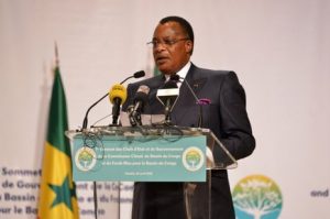Le Président du la République du Congo Denis Sassou Nguesso à Brazzaville, au sommet des chefs d'Etat pour le Fonds bleu le 29 avril 2018