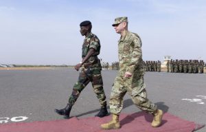 Senegal’s Army General Amadou Kane, left, walks with U.S. Army Brigadier General Donald Bolduc during the inauguration of a military base near Dakar, in Senegal.