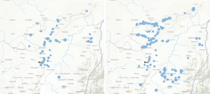 Localisation des massacres perpétrés par les ADF sur le territoire de Beni avant l’intervention de “grande envergure” (juin 2017-octobre 2019) et depuis (novembre 2019-avril 2021)