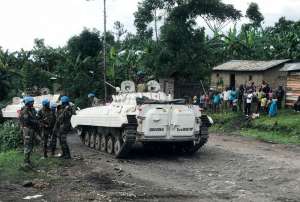 UN peacekeepers patrol in a village affected by the M23 insurgency in eastern Democratic Republic of Congo. Violence has displaced 170,000 people since March.