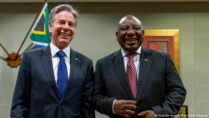 In good spirits despite differences: Antony Blinken (L) with South Africa's President Cyril Ramaphosa